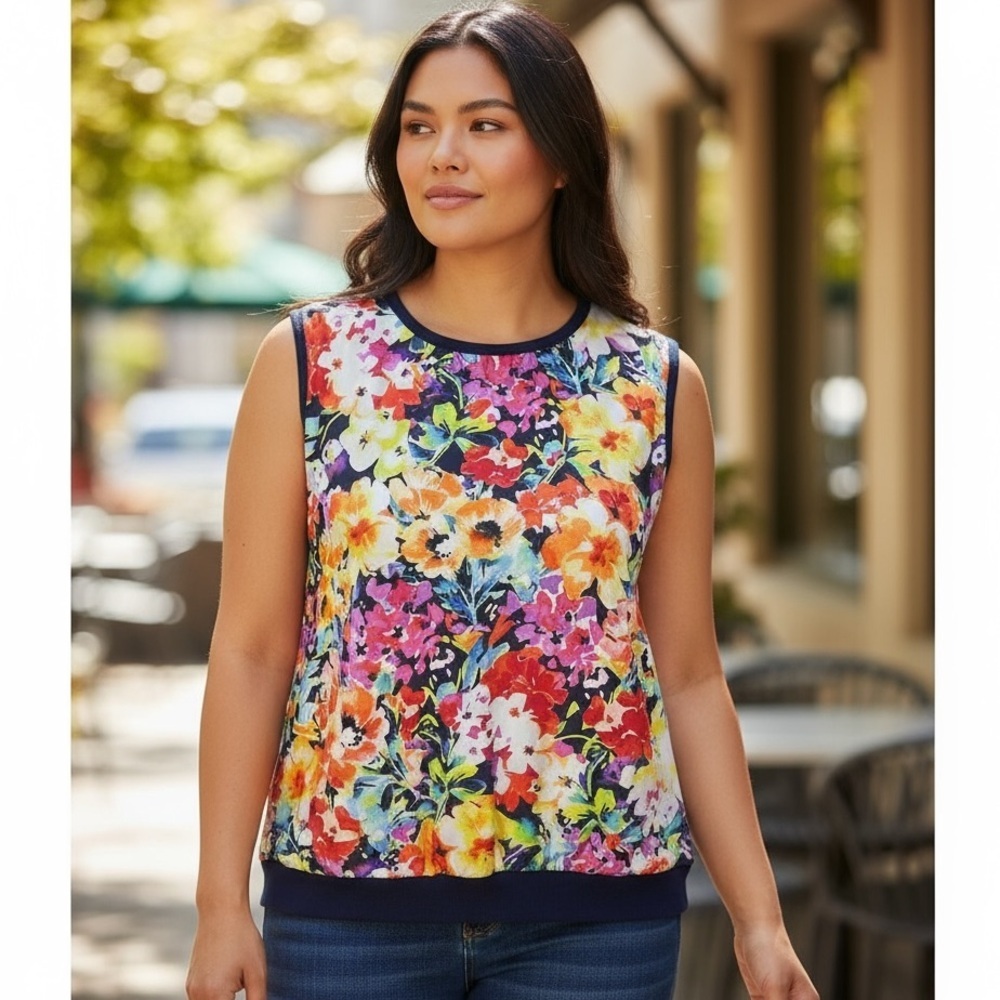 Lauren Ralph Lauren 2XSleeveless Floral Silk Front Knit Back Top Navy Multicolor